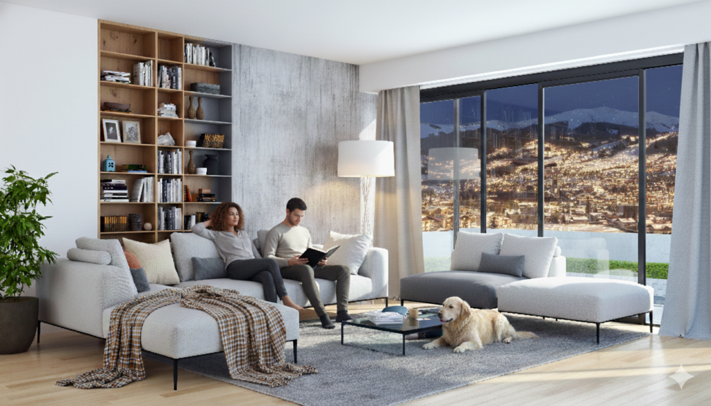 Mann und Frau mit Hund im Wohnzimmer